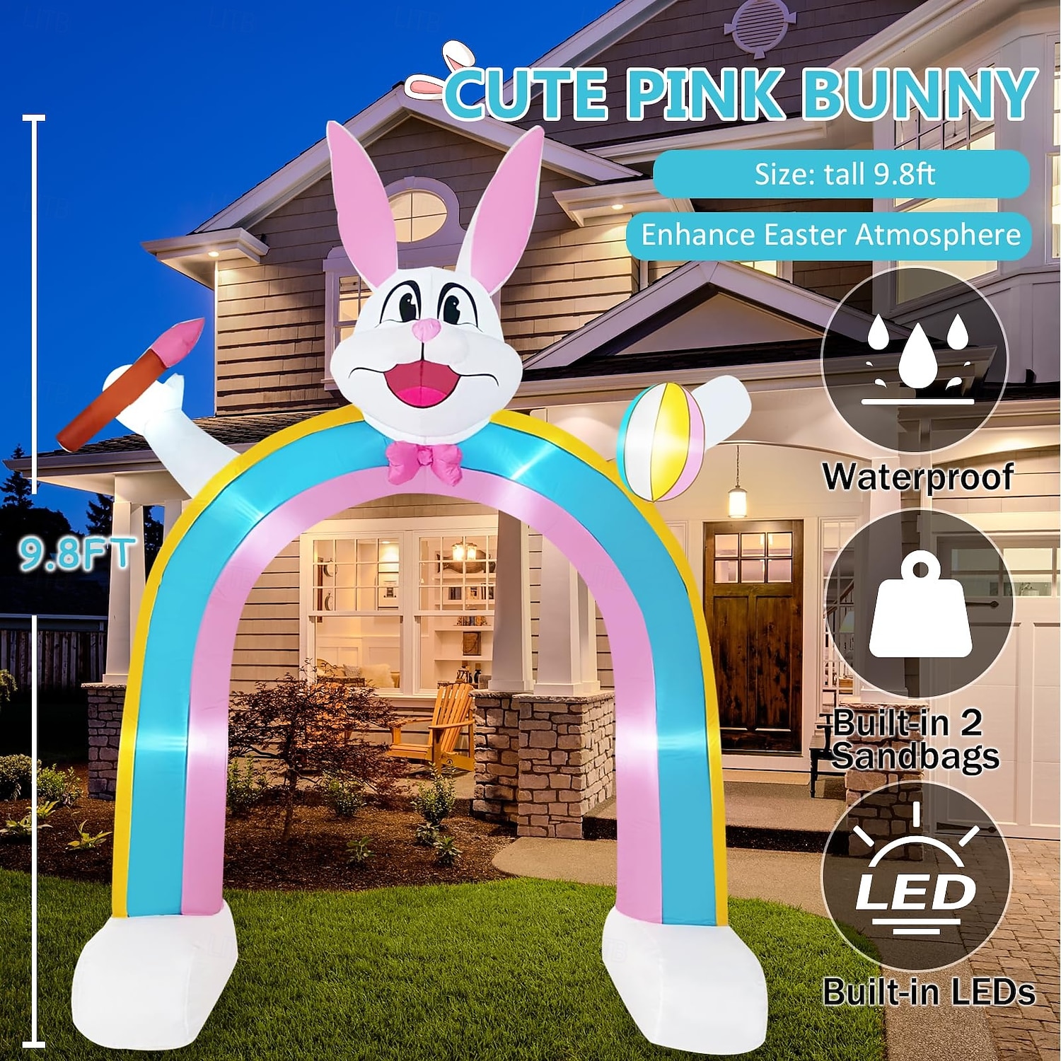 2026年 9.8フィートのイースターインフレータブルバニーハンドヘルドブラシとイースターエッグインフレータブルライトレインボーアーチ付き屋内と屋外の中庭の庭の芝生の家族休暇パーティーの雰囲気の装飾ライト  コレクション – $158.99 –P5