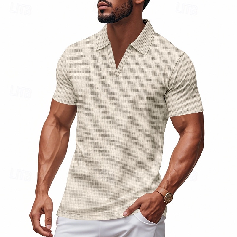 2025年 男性用 ワッフルポロシャツ ゴルフシャツ ビジネス カジュアル Vネック 半袖 ファッション ベーシック 純色 ボタン 夏 春 & 秋 レギュラー ブラック ホワイト ロイヤルブルー ライトグレー ベージュ ワッフルポロシャツ  コレクション – $18.99 –P11
