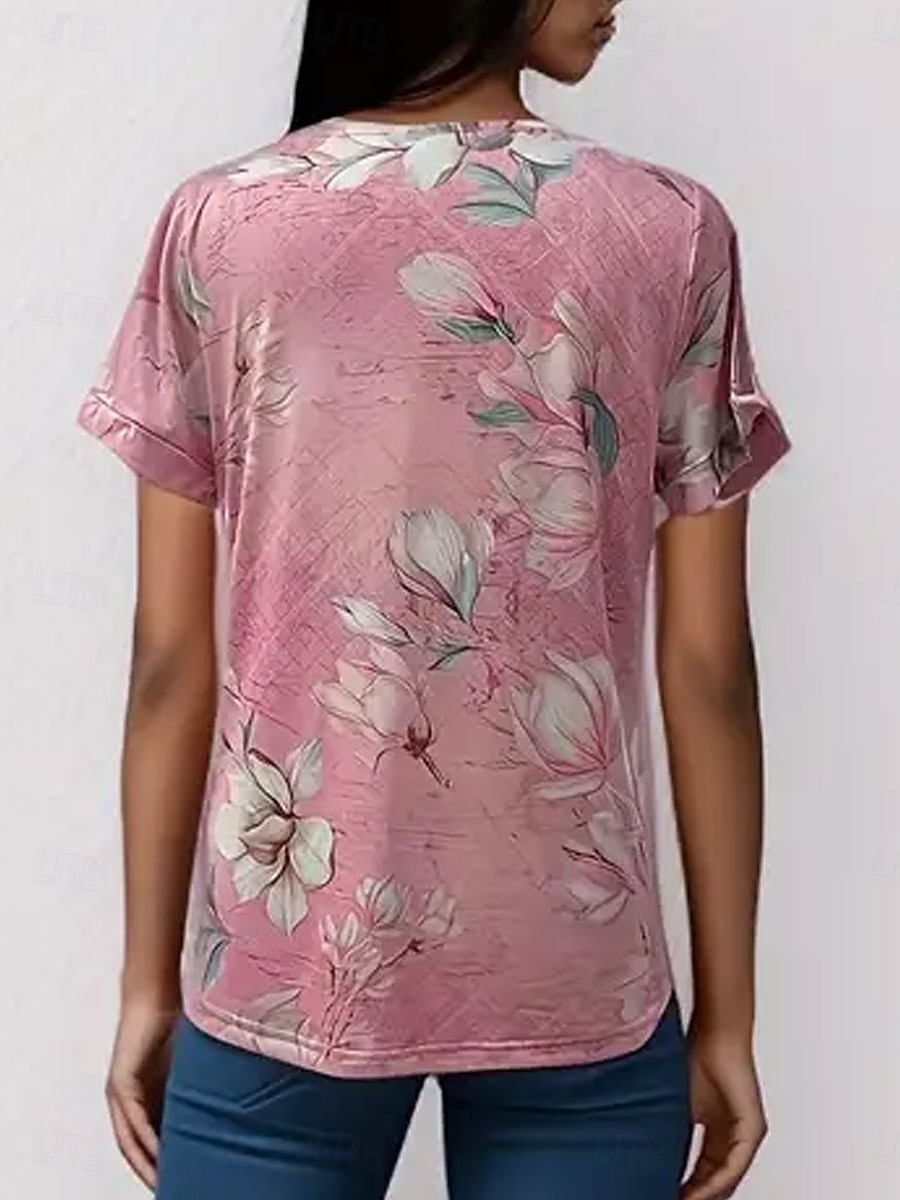 Dame T skjorte Blomstret Grafisk Stilfull Fritid Kortermet V-hals Vanlige topper Daglig Helg Trykt mønster Rosa Sommer Vår 2025 - $27.99 –P2