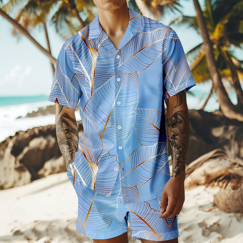 Férfi Fák / falevelek 2db Ingek készletek Hawaii ing Rövid ujjú Rövid nadrág Kubai nyakörv Szabadság Parti Hétköznapi Napi 3D nyomtatás Nyár Kék tó Ibolya Zöld 2025 - $32.99 –P4