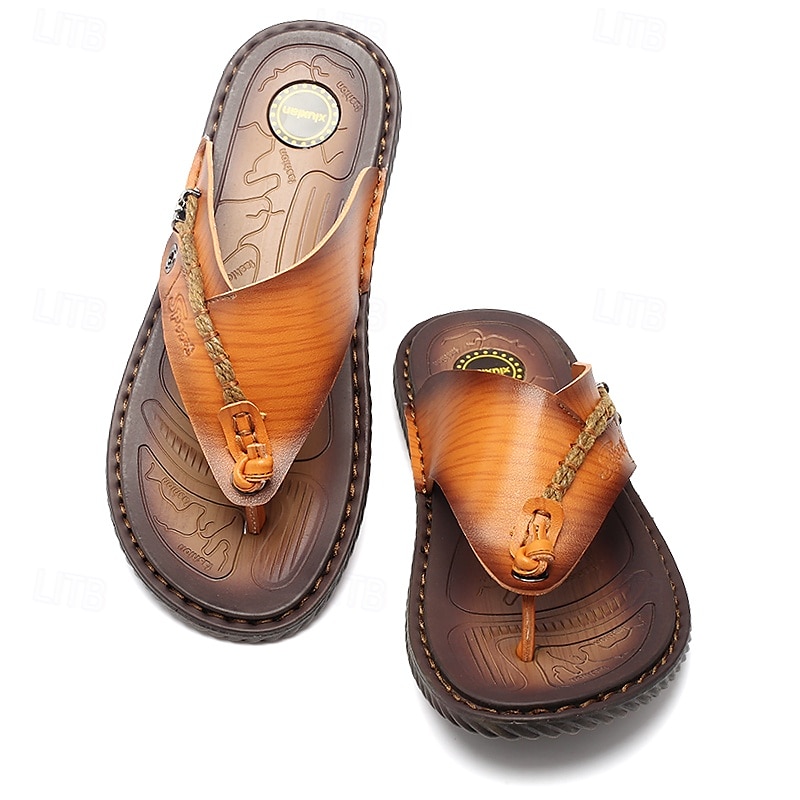 Chanclas de lujo para hombre de piel sintética marrón con diseño en relieve y correa trenzada: calzado de primera calidad y comodidad para salidas informales con estilo. 2025 - $26.99 –P2