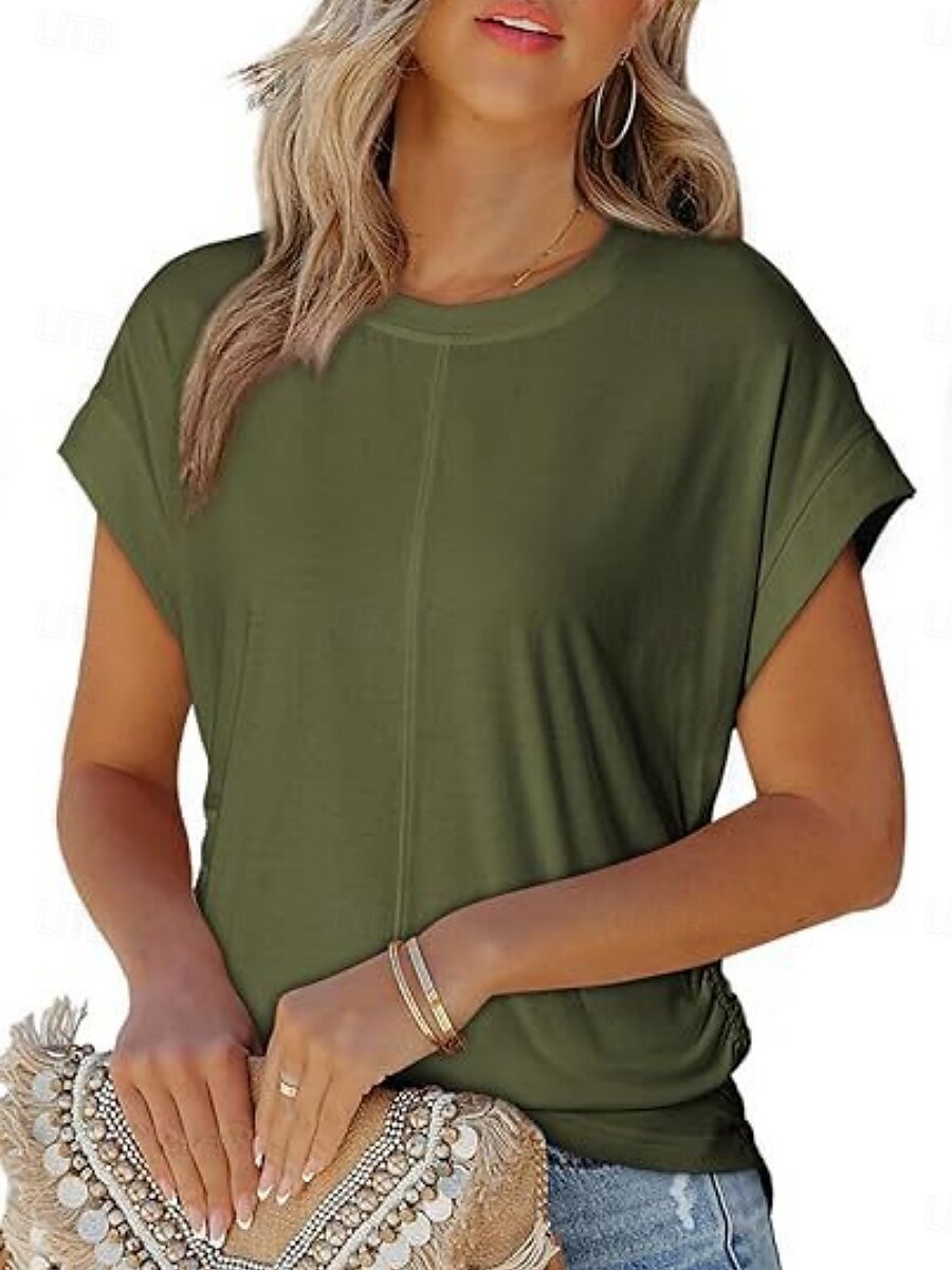 T Shirt Femme Uni Élégant Décontracté Manches Courtes Col Ronde Tops Réguliers Quotidien Noir Blanc Vert Armée Vert Gris Été de 2025 ? $19.99 –P11