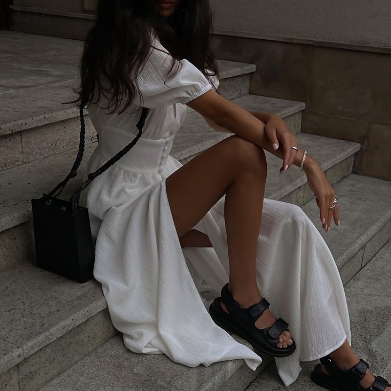 Per donna Abito Midi Abito Bianco Moda Moderno Compleanno Ferie Laurea Vestibilità regolare Semplice Manica Corta Scollo a V Nero Bianco Estate del 2025 a $34.99 –P3