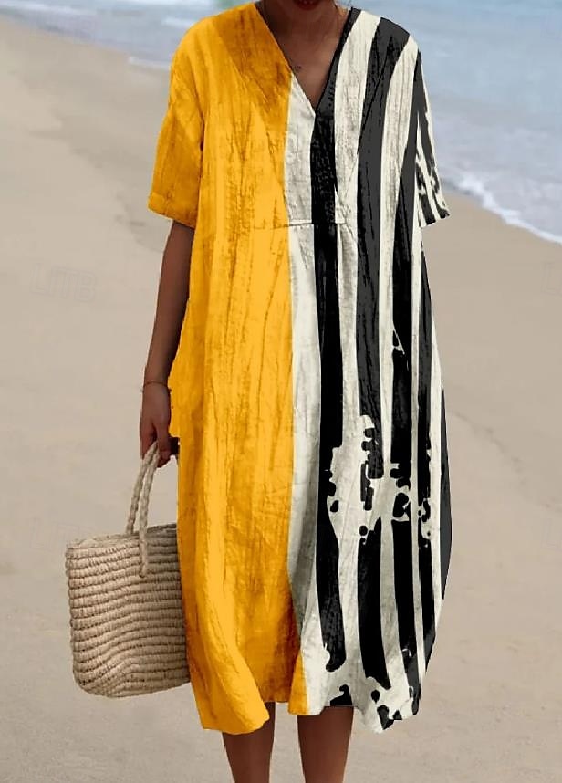 Robe Midi Femme Robe de Plage Robe en A Robe en Lin Vacances Casual Plage lin comme Sortir Ajustement Lâche Graphique Géométrique À Manches Courtes Col en V Jaune Clair Jaune Foncé Jaune Été de 2025 ? $36.99 –P1