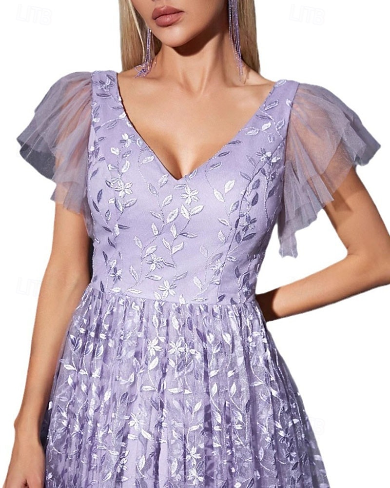 Kleid Mutter der Braut Kleid elegantes lässiges V-Ausschnitt bodenlang Polyester Kurzarm mit Blume 2025 - $104.99 –P5