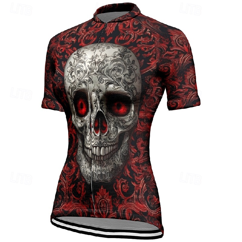 Women's Cycling Jersey Short Sleeve Bike Tee Tshirt Jersey with 3 Rear Pockets Mountain Bike MTB Breathable Quick Dry Anatomic Design Wicking Wine Red Black Red Skull Sports Clothing Apparel 2025 - $23.99 –P11