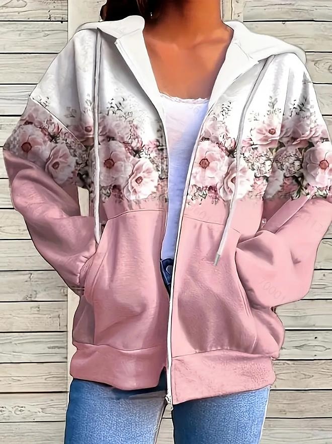Kobieca bluza z zamkiem błyskawicznym oversize kwiatowa active vintage sportowa długi rękaw kaptur regularne bluzki casualowe wakacyjne z regulacją kieszeń z przodu różowy niebieski fuksja zielony 2025 - $24.99 –P1