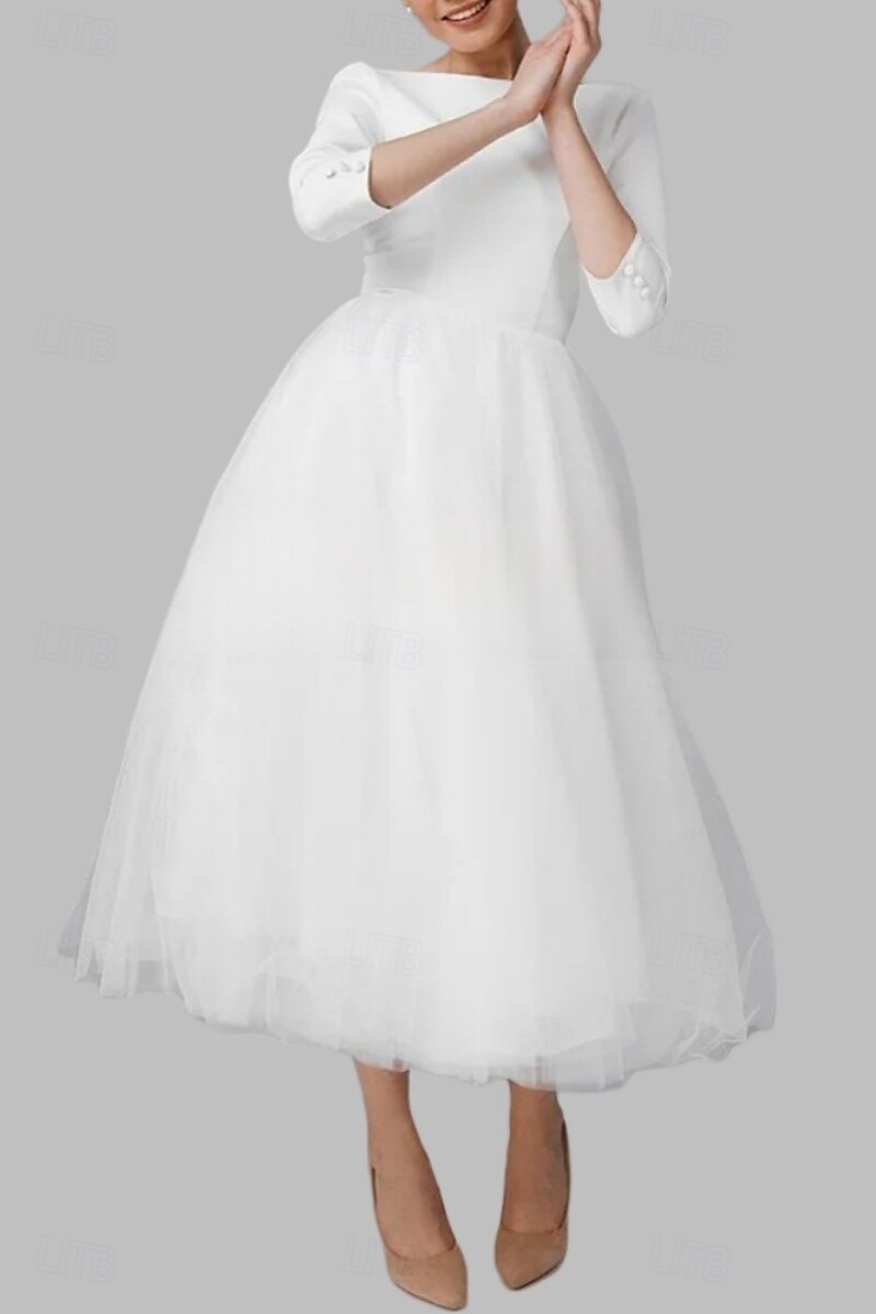 Engagement Little White Dress Bridal Shower Dresses Wedding Dresses A-Line Boat Neck 3/4 Length Sleeve Ankle Length Satin Bridal Gowns With Pleats 2025 2025 - $119.99 –P1