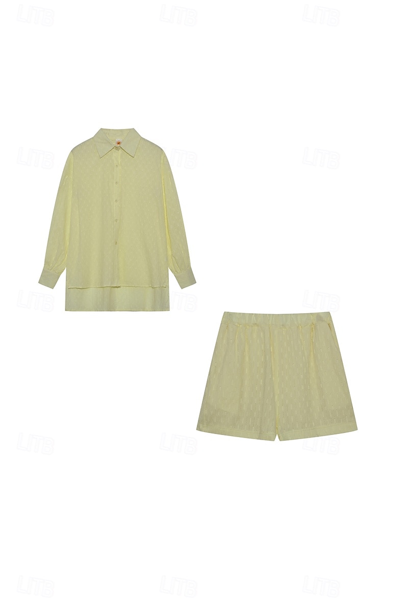 Women's Active Basic Shirt Shorts Sets Long Sleeve Shirt Collar Solid Color Dubbele Rij Knopen Holiday Casual Daily Black White Yellow Summer Regular Fit 2025 - $24.99 –P5