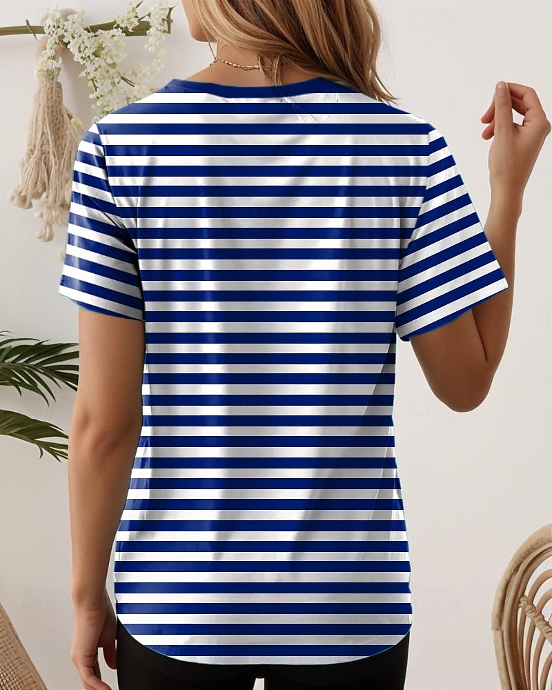 T-shirt femme rayé océan décontracté manches courtes col V hauts réguliers quotidiens sorties week-end imprimé bleu été de 2025 ? $19.99 –P2