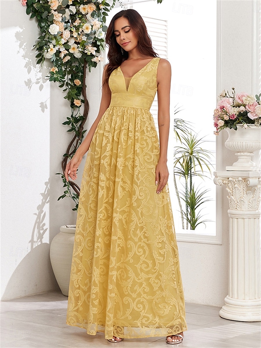 Abiti A-Line per Quinceanera abito elegante matrimonio invitata a matrimonio lunghezza fino al pavimento senza maniche scollo a V in pizzo con pieghe del 2025 a $99.99 –P4