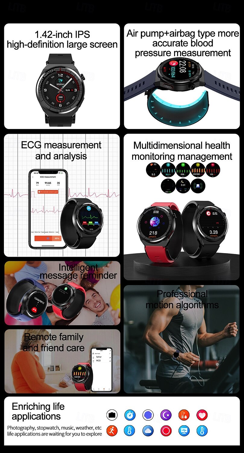 696 TK62 Умные часы 1.42 дюймовый Смарт Часы Bluetooth ЭКГ + PPG Педометр Напоминание о звонке Совместим с Android iOS Женский Мужчины Хендс-фри звонки Напоминание о сообщении IP 67 2025 - $142.99 –P2