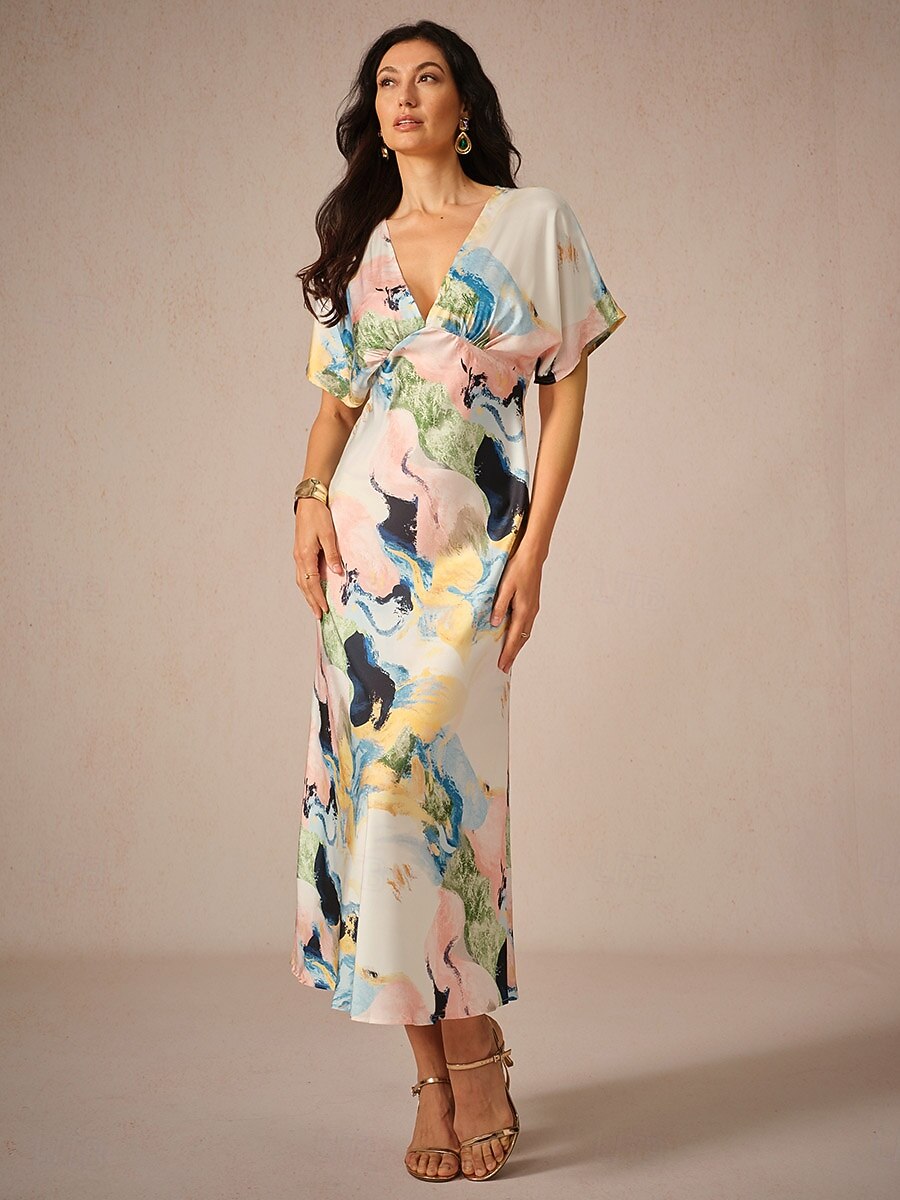 Women's Wedding Guest Dress Elegant Tie Dye Maxi Dress Short Sleeve V Neck  Print Loose Fit Daily White Blue Purple Summer Dress 2026 - GBP 56.99