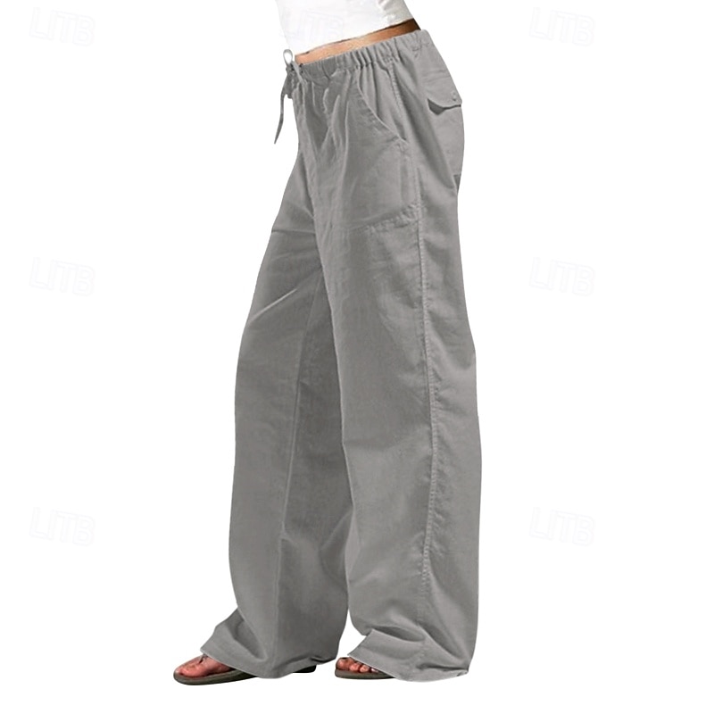 Women's Cotton Linen Pants Slacks Streetwear Casual Full Length Natural Plain Pocket Elastic Drawstring Design Outdoor Comfortable Daily Wear Going out Depression Green Dark Brown Light Sky Blue Navy 2025 - $23.99 –P12