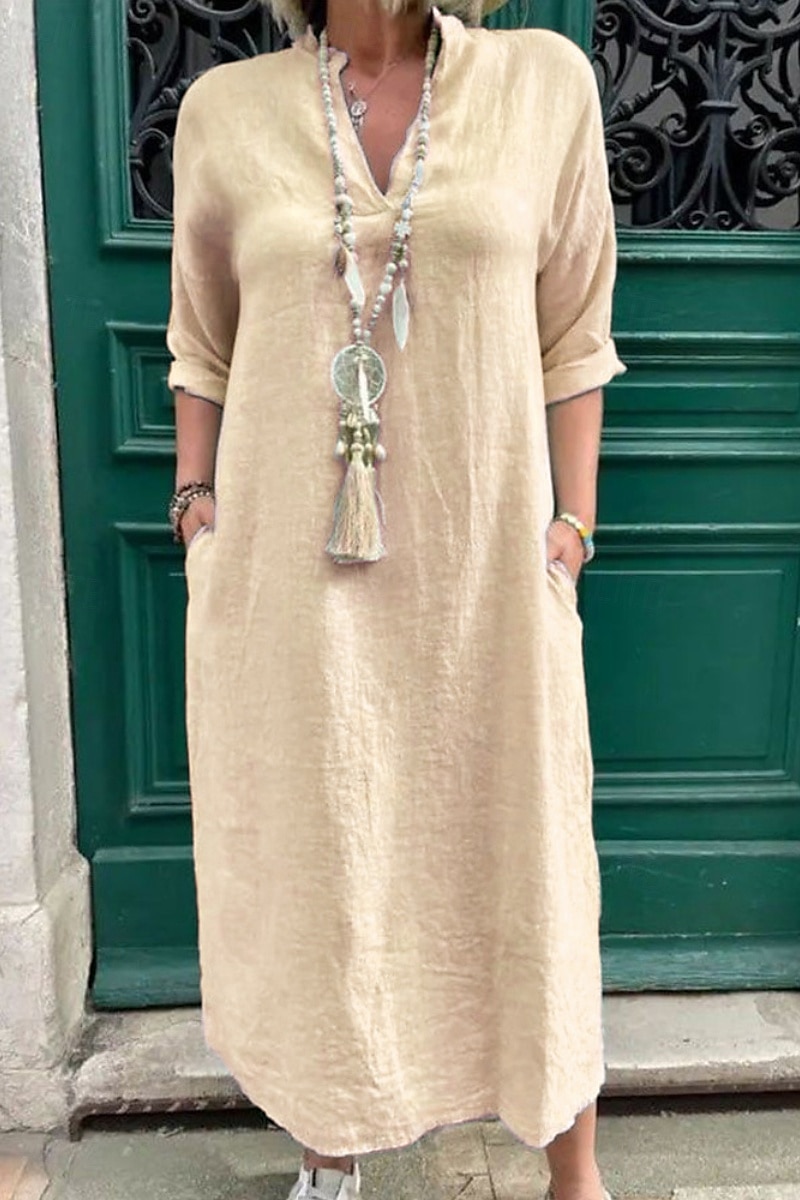 Damen Midikleid Leinen-inspirierte Kleider Baumwoll-Leinenkleid Basic Klassisch Modern Täglich Ferien Wochenende Normale Passform Einfach Langarm V Ausschnitt Rosa Grün Aprikose Leicht Blau Sommer 2025 - $32.99 –P1