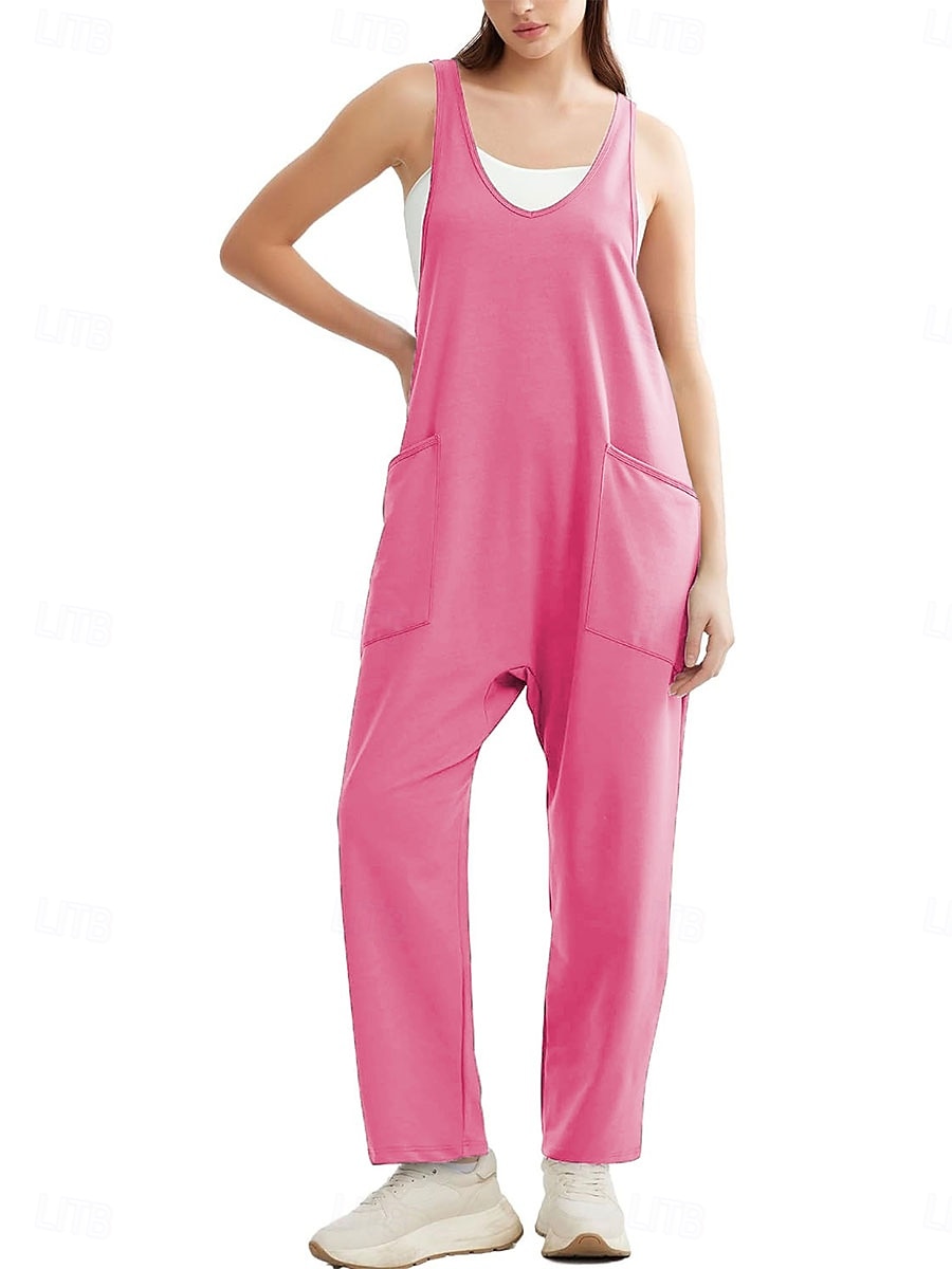 Kvinne Jumpsuit Aktiv Solid Farge Uten Ermer V-Hals Lomme Ferie Daglig Regulær Passform Svart Rosa Armégrønn Sommer 2025 - $28.99 –P8