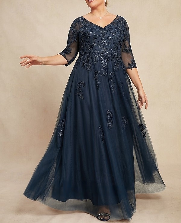 A-Line Mother of the Bride Dress Wedding Guest Elegant V Neck Floor Length Lace Tulle 3/4 Length Sleeve with Beading Appliques 2025 2025 - $180.99 –P2