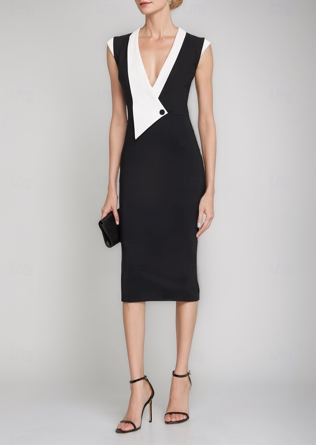 Bezrukávový tuxedo černé šaty matky nevěsty elegantní košilový límec čajové délky elastické tkaniny s blokováním barev midi šaty 2025 2025 - $129.99 –P1