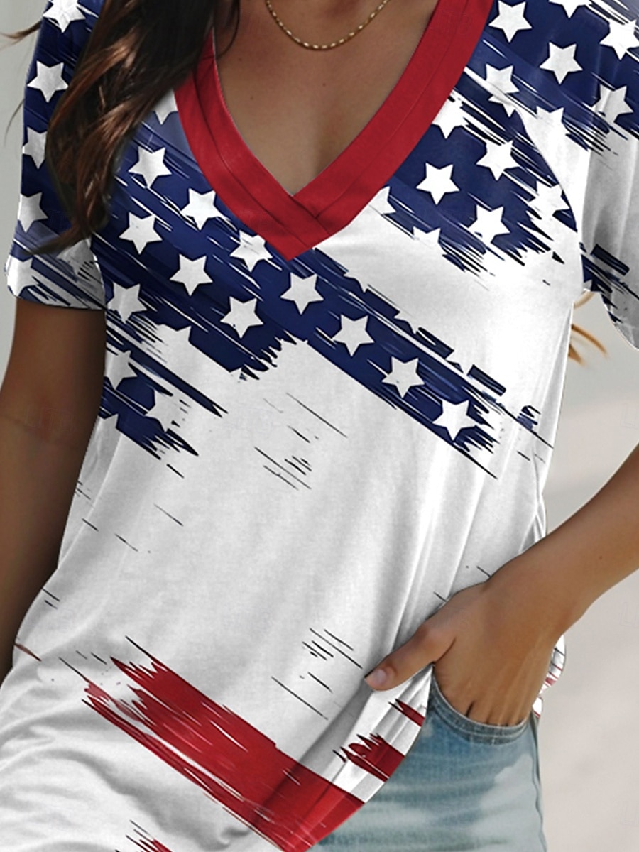 Independence Day Women's Patriotic Fourth of July T Shirt Flag Casual Red White And Blue Short Sleeve V Neck Regular Tops Daily Print Black Blue Summer 2025 - $19.99 –P3