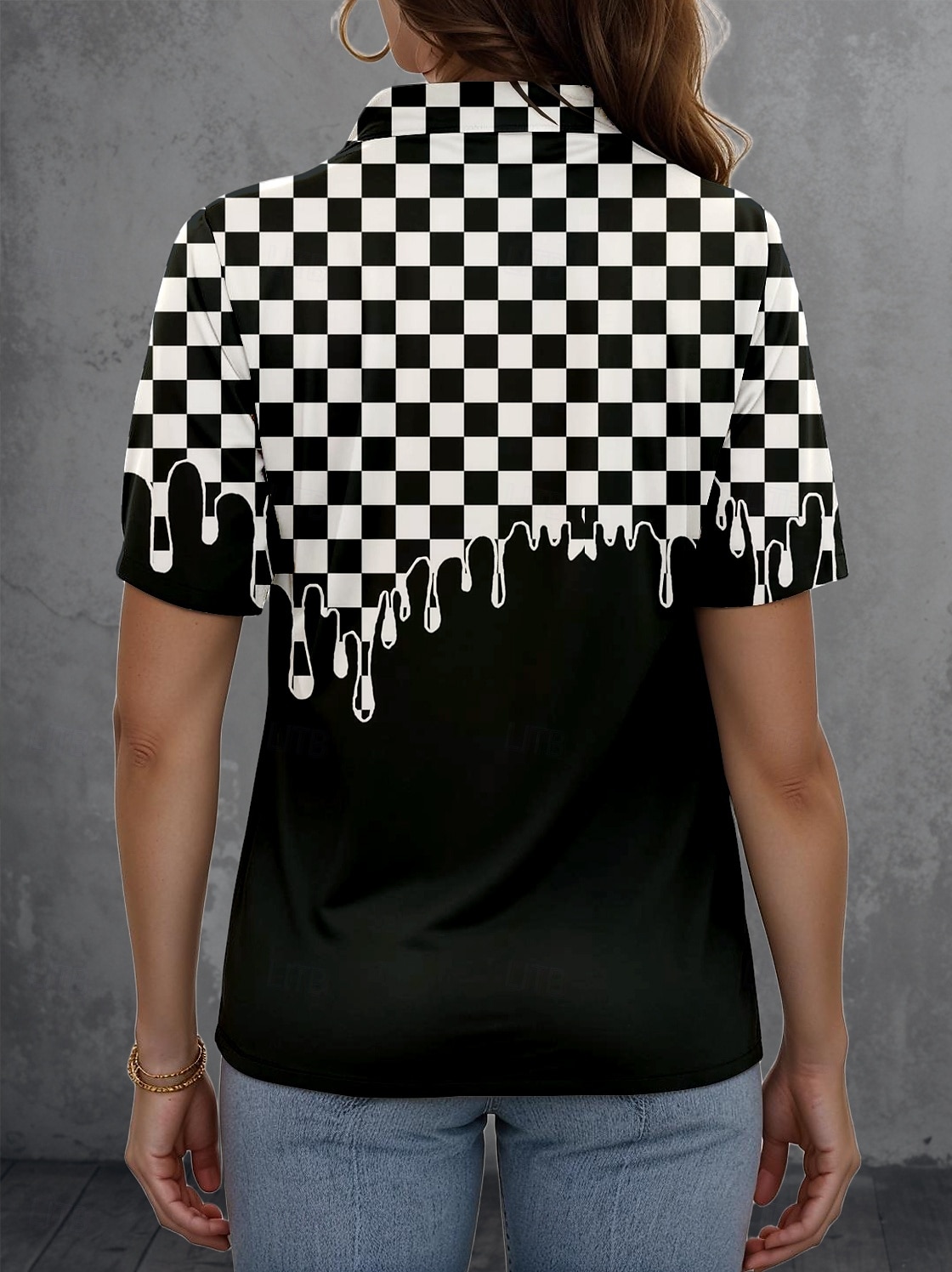 Camicia da donna a maniche lunghe blusa con bottoni grafica geometrica quotidiana elegante a maniche corte colletto regolare top quotidiani nera estate primavera del 2025 a $24.99 –P2