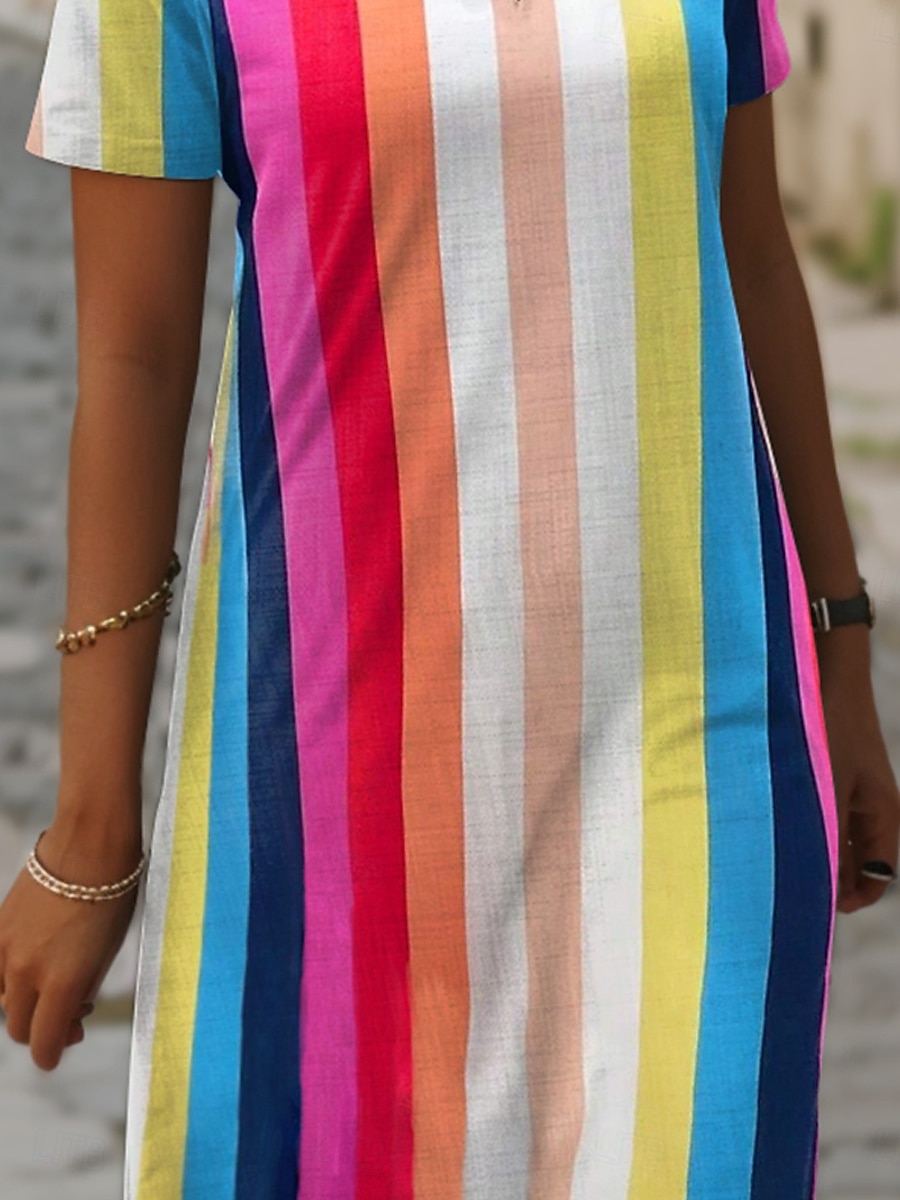 Dames Mini Jurk Shift Jurk Casual Dagelijks Regelmatige Pasvorm Geometrisch Korte Mouw Geulp Hals Regenboog Zomer Lente 2025 - $31.99 –P3