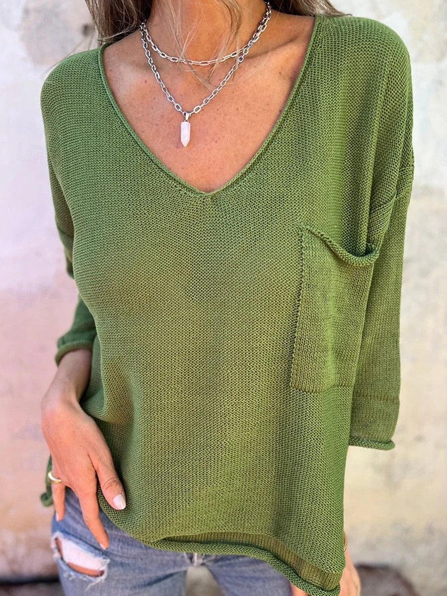 Damen Bluse Einfarbig Stilvoll Lässig Langarm V-Ausschnitt Reguläre Tops Tägliche Leinenähnliche Knöpfe Tasche Schwarz Weiß Rosa Grün Khaki Sommer Frühling 2025 - $32.99 –P4