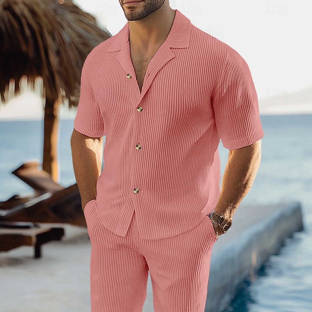 Men's 2 Piece Shirt Set Summer Set Matching Sets Casual Shirt Corduroy Shirt Plain Vacation Daily Dark Gray Black Pink Blue Short Sleeve Collar Summer Clothing Apparel 2025 - $30.99 –P5