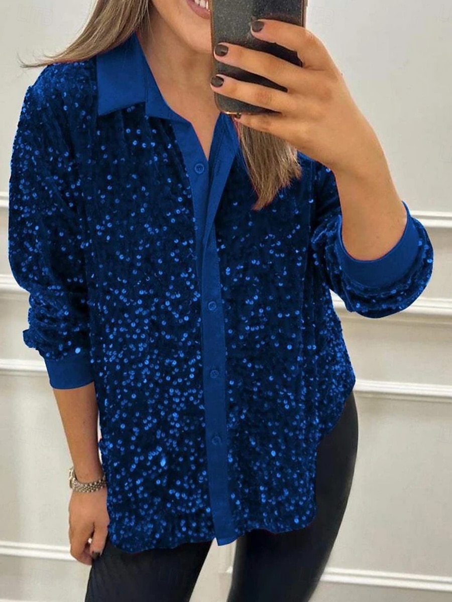 Per donna Camicia Blusa Semplice Elegante Moderno Manica Lunga Colletto a Camicia Top Regolari Quotidiano Paillettes Bottoni Tasca Nero Giallo Rosso Blu Viola Estate del 2025 a $23.99 –P4