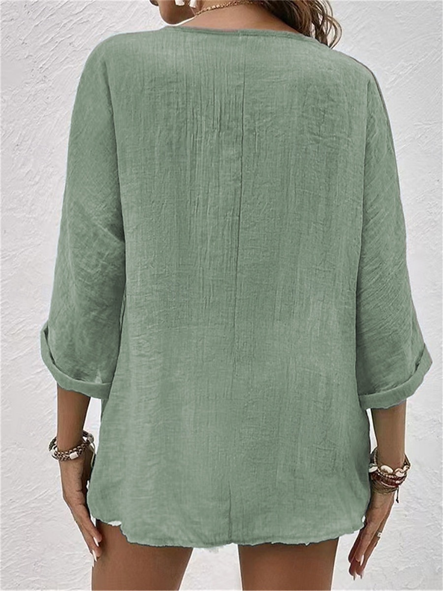 Damen Hemd Baumwoll-Leinen-Hemden Knopfleiste Bluse Einfach Basic Modern Langarm V Ausschnitt Normale Oberteile Täglich Ferien Knöpfe Rosa Blau Purpur Grün Khaki Sommer 2025 - $13.99 –P7