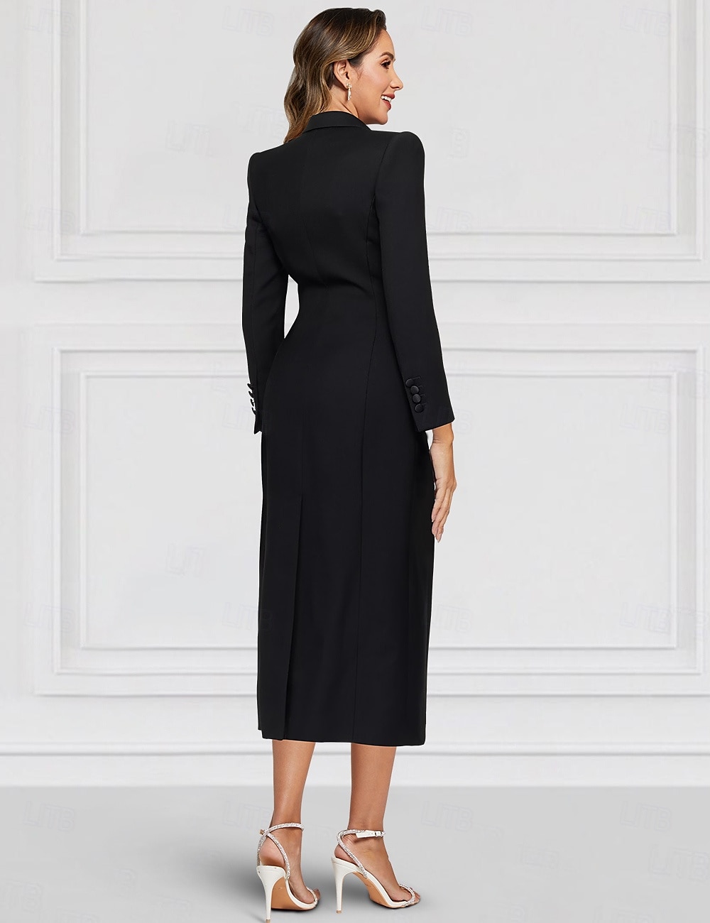 Blazer Smoking-Säule Gelb Blau Brautmutterkleid Elegantes Vintage Hemdkragen Knöchellang Stretchstoff Langarm mit einfarbigem Midi Kleid 2025 2025 - $139.99 –P6