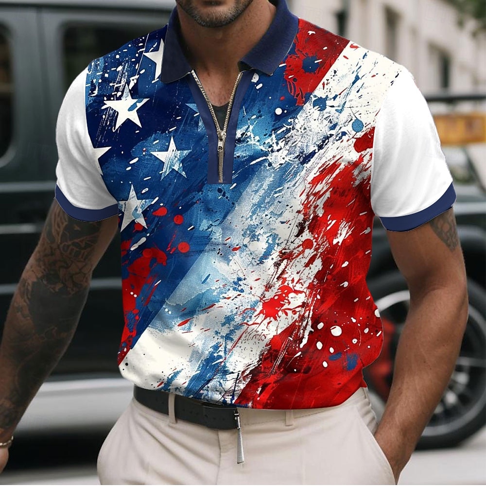 Men's American US Flag Zip Polo Shirts Short Sleeve Polo Shirts Collared Shirts Casual Athleisure Daily Wear 3D Print Summer Red Navy Blue Sky Blue 2025 - $22.99 –P6