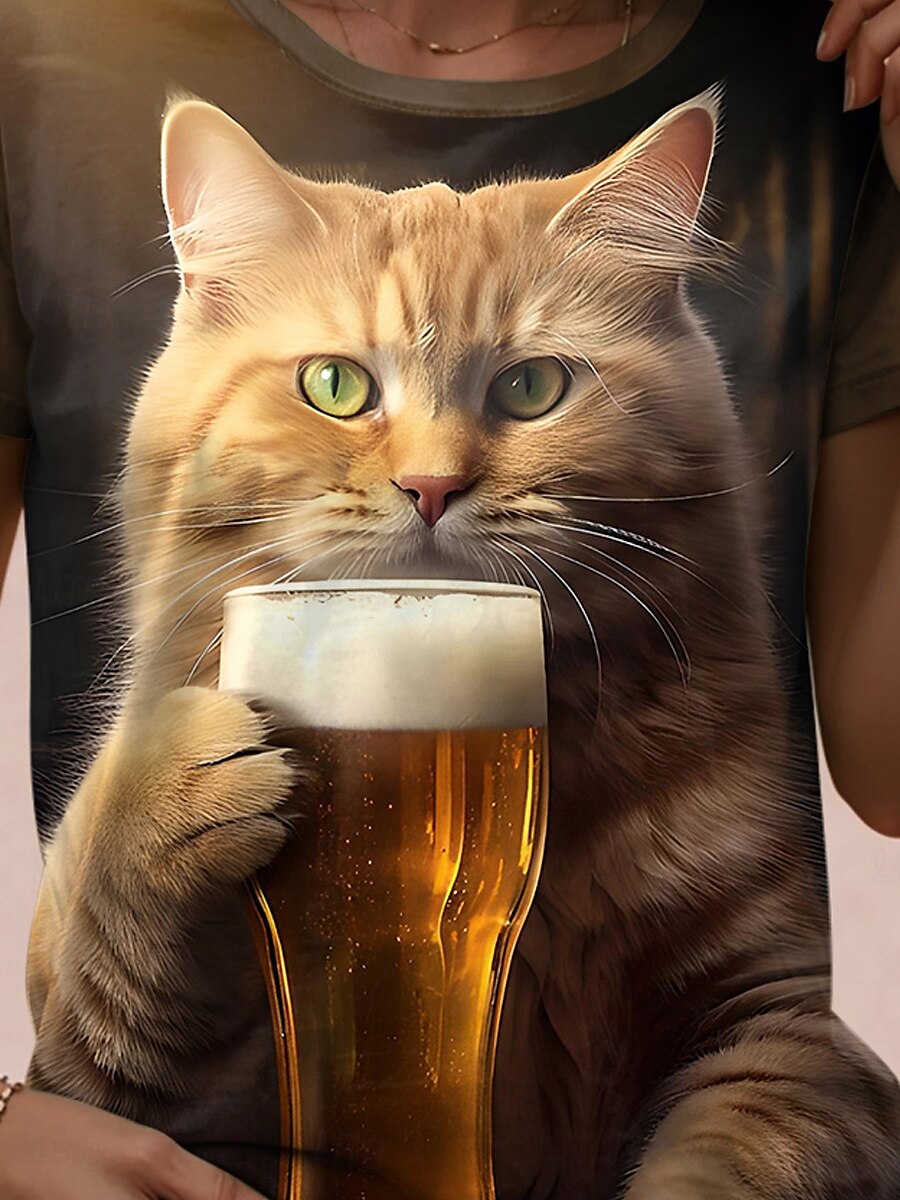 Dame T skjorte Katt Stilfull Fritid Kortermet Rund hals Vanlige topper Daglig Helg Trykt mønster Brun Sommer Vår 2025 - $19.99 –P3