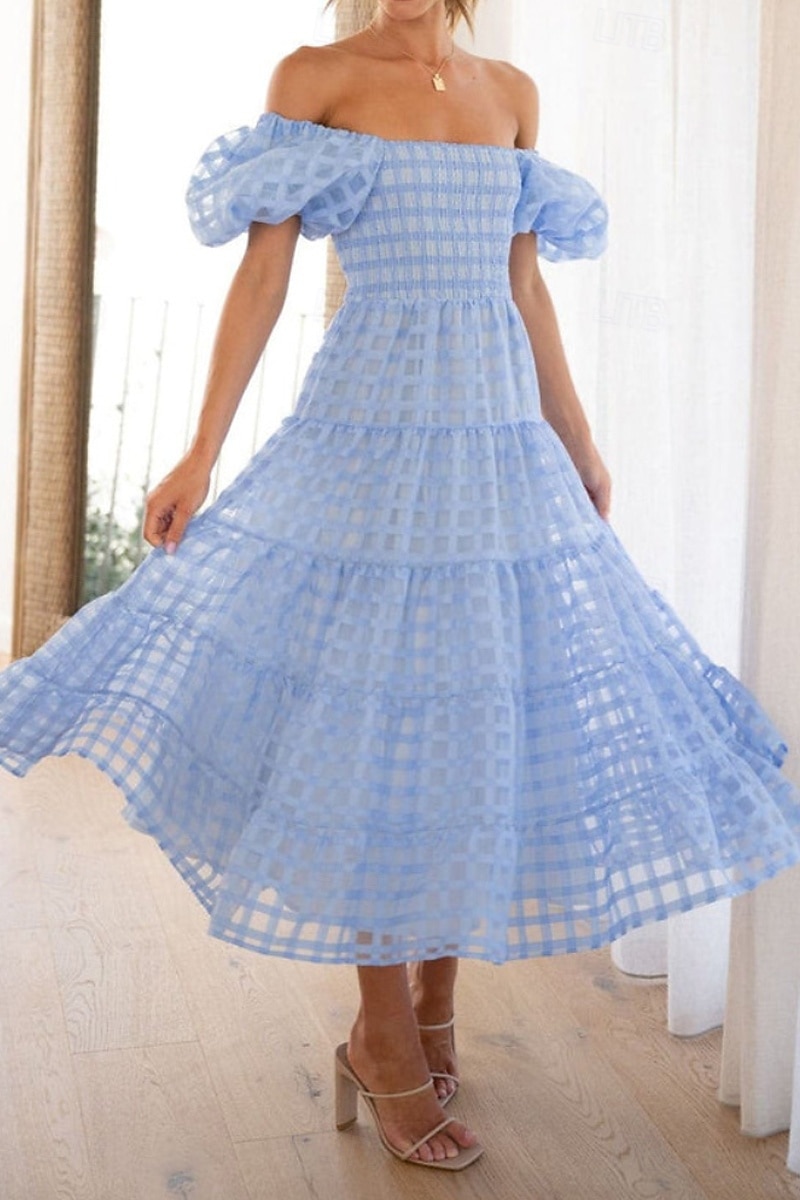 Women's Midi Dress Graduation Dress Fashion Modern Lantern Sleeve Vacation Graduation Weekend Regular Fit Plain Short Sleeve Off Shoulder Black White Yellow Pink Summer 2025 - $27.99 –P2