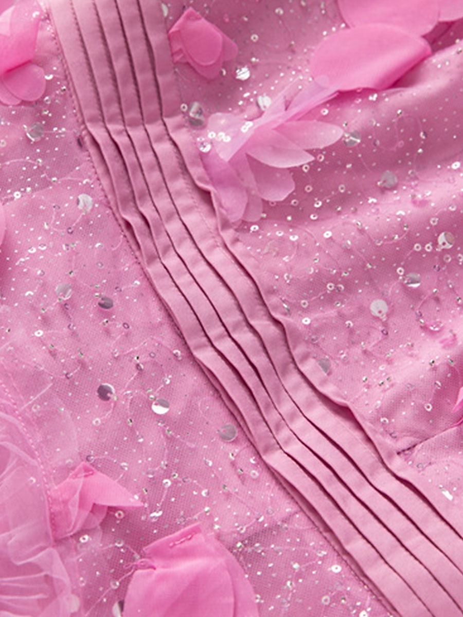 Šaty do A quinceanera růžové šaty květy svatební svatební host maxidélka dlouhý rukáv s kulatým výstřihem s volány 2025 - $169.99 –P6