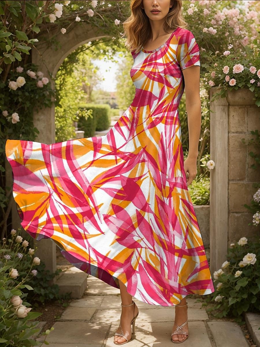 Femmes Robe maxi Robe Décontractée Robe trapèze Robe d'été Vacances ancien Ethnique Coupe régulière Graphique Feuille Géométrique Manche Courte Col carré Jaune Rouge Bleu Violet Été Printemps de 2025 ? $31.99 –P4