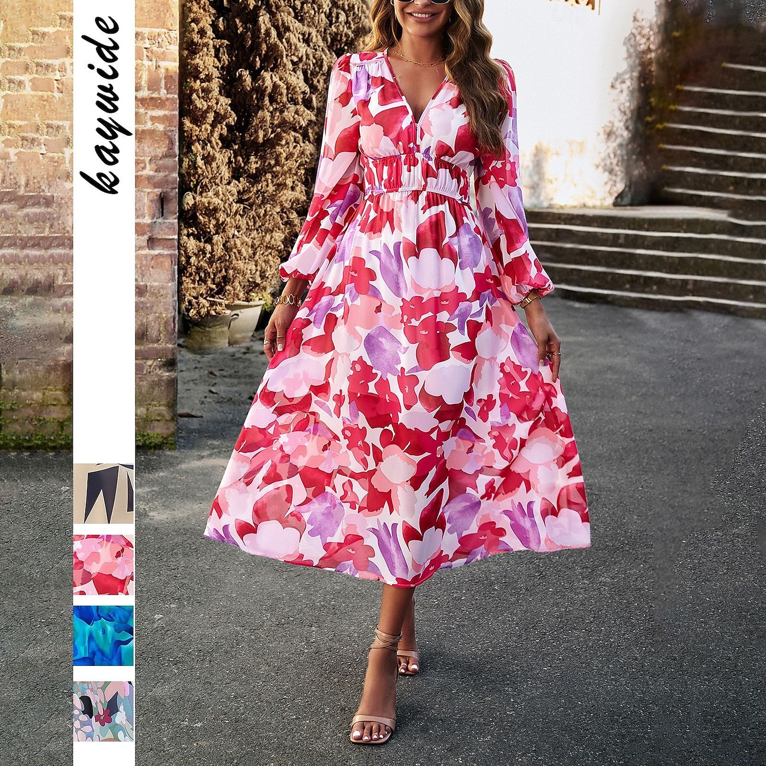 Women's Midi Dress A Line Dress Fit And Flare Dress Puff Sleeve Dress Vacation Casual Vacation Daily Regular Fit Graphic Long Sleeve V Neck Red Blue Green Apricot Summer 2025 - $46.99 –P1