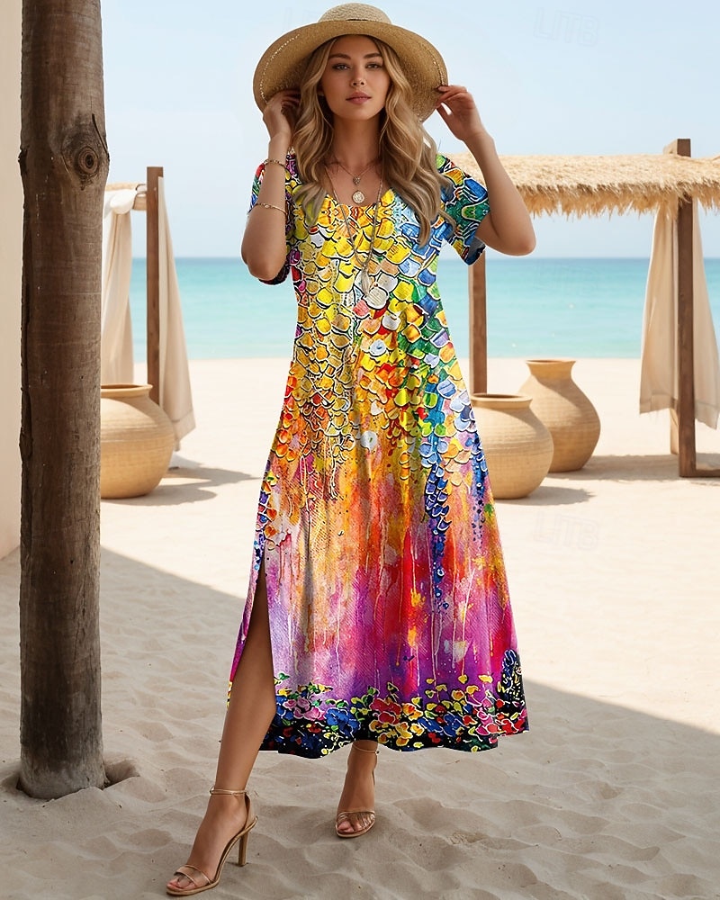 Damen Maxikleid T-Shirt Kleid Tee Kleid Strandkleid Shift Kleid Sommerkleid elegant Bohemia tropisch Urlaub Party Feiertag reguläre Passform Ombre Grafik Kurzarm Rundhals Pink Sommer 2025 - $27.99 –P1
