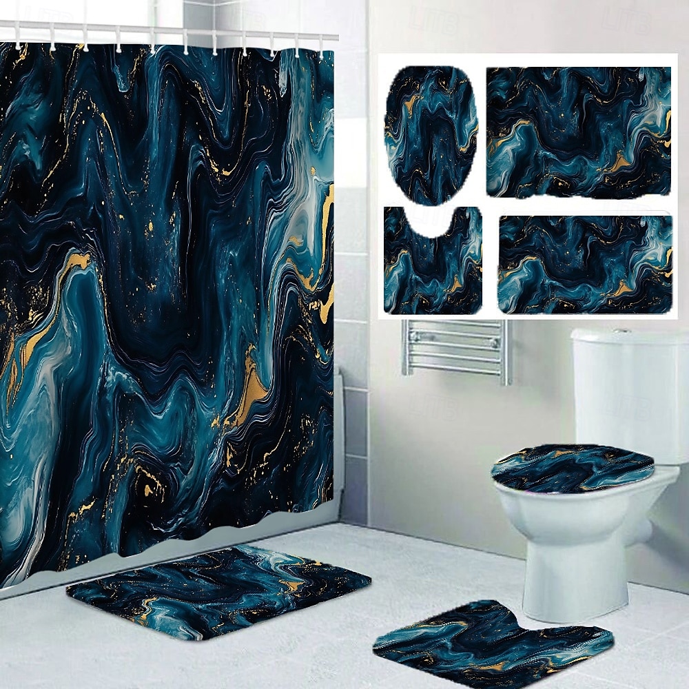 Marmormønster Dusjgardin Sett 4-Delt Abstrakt Design Vanntett Polyester med Antiskli Badmat Toalettlokksdeksel Matta Inkluderer 12 Kroker Bad Dekor 2025 - $37.99 –P4