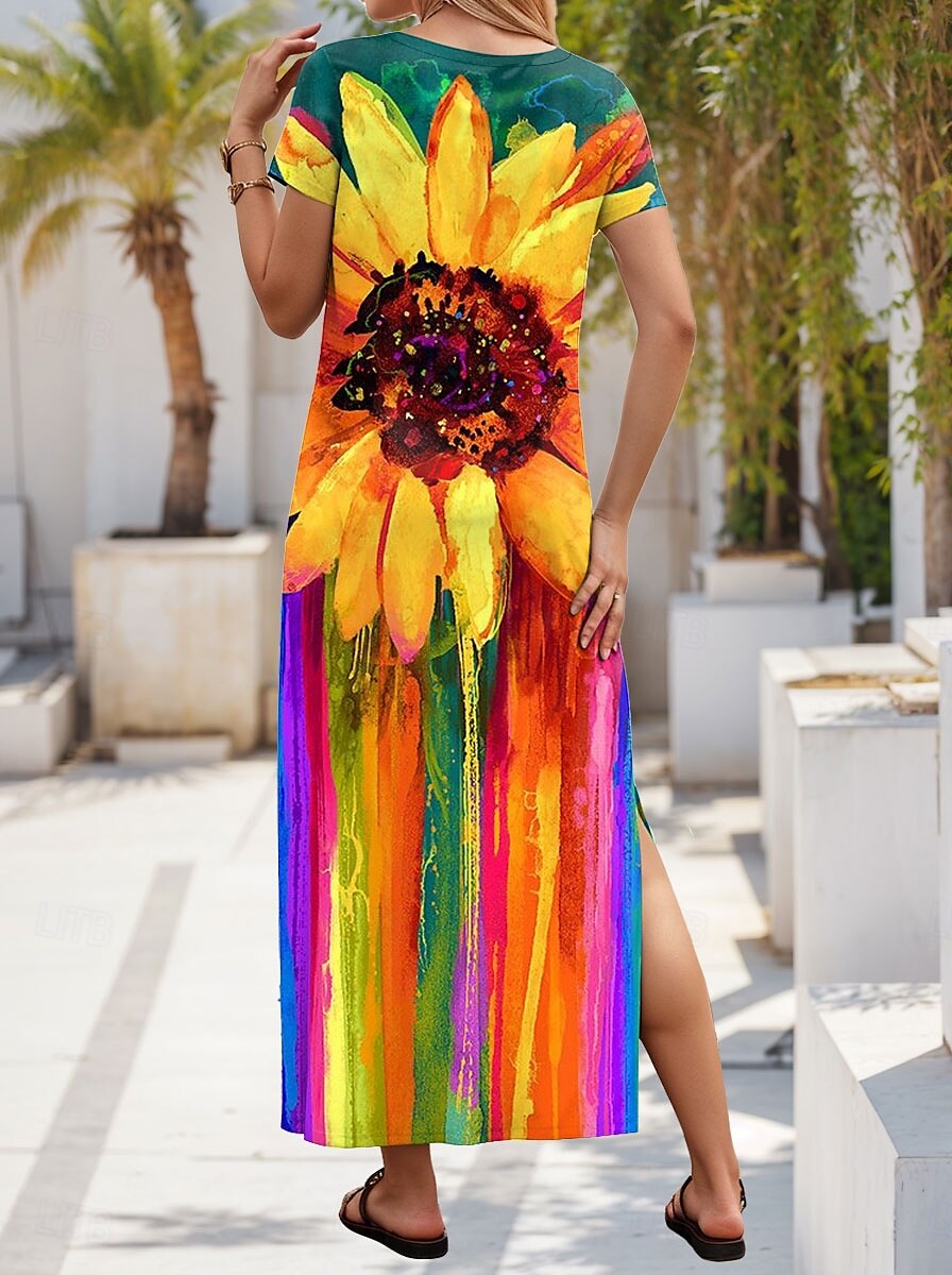 Damskie Sukienka maxi Sukienka letnia Sukienka A line Letnie sukienki Urlop Codzienny Codzienny Regularny Ombre Kwiaty Graficzny Krótki rękaw W serek Zielony Lato 2025 - $28.99 –P2