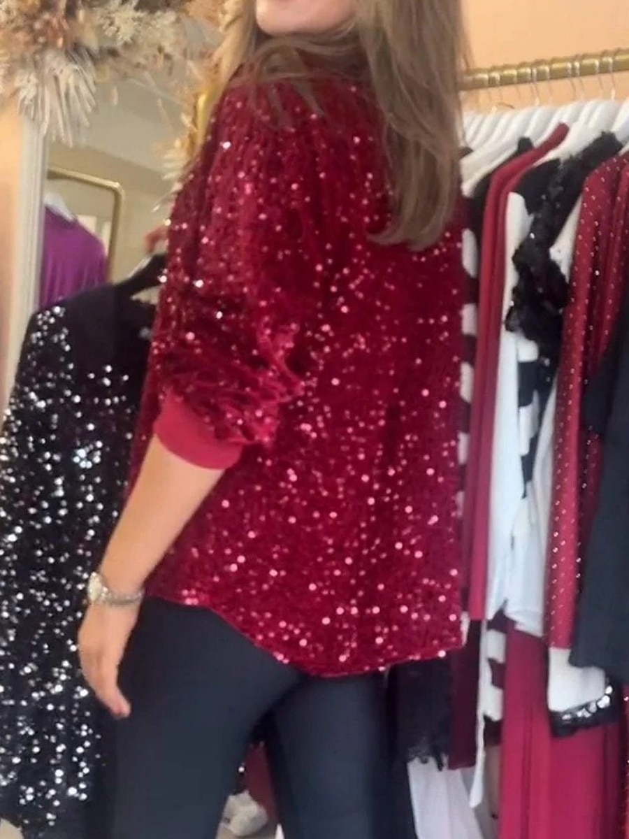 Per donna Camicia Blusa Semplice Elegante Moderno Manica Lunga Colletto a Camicia Top Regolari Quotidiano Paillettes Bottoni Tasca Nero Giallo Rosso Blu Viola Estate del 2025 a $23.99 –P8