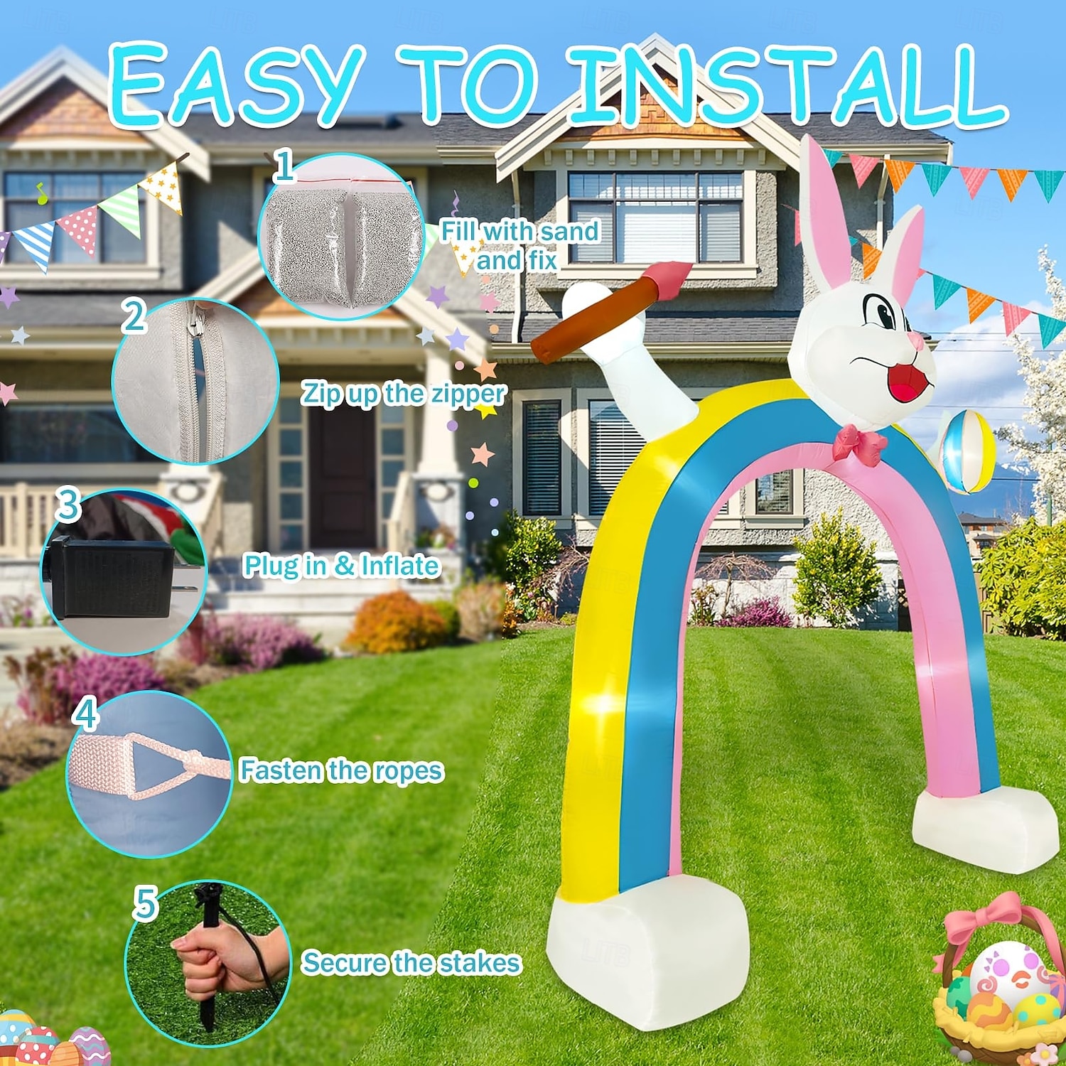 2026年 9.8フィートのイースターインフレータブルバニーハンドヘルドブラシとイースターエッグインフレータブルライトレインボーアーチ付き屋内と屋外の中庭の庭の芝生の家族休暇パーティーの雰囲気の装飾ライト  コレクション – $158.99 –P4