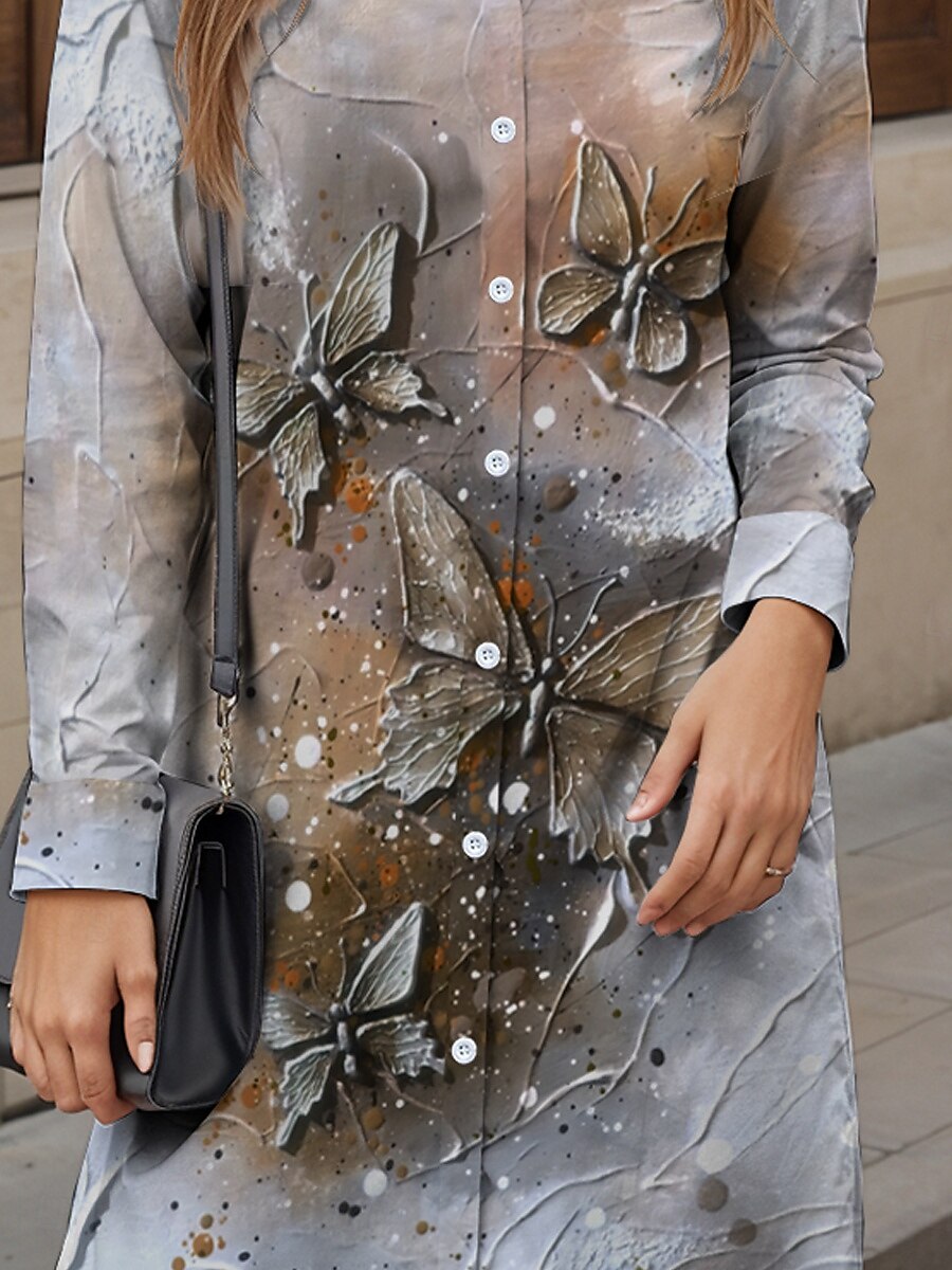 Women's Midi Dress Shirt Dress Casual Date Loose Fit Graphic Butterfly 3D Long Sleeve Shirt Collar Orange Fall Winter 2025 - $41.99 –P3