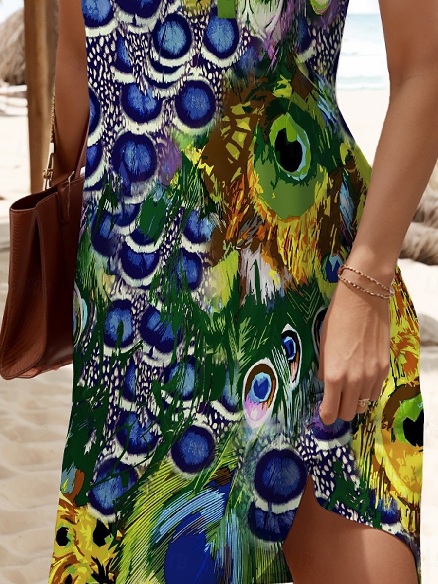 Women's Mini Dress Sundress Shift Dress Off The Shoulder Dress Vacation Casual Outdoor Going out Regular Fit Graphic Peacock Sleeveless V Neck Blue Summer Spring 2025 - $21.99 –P3
