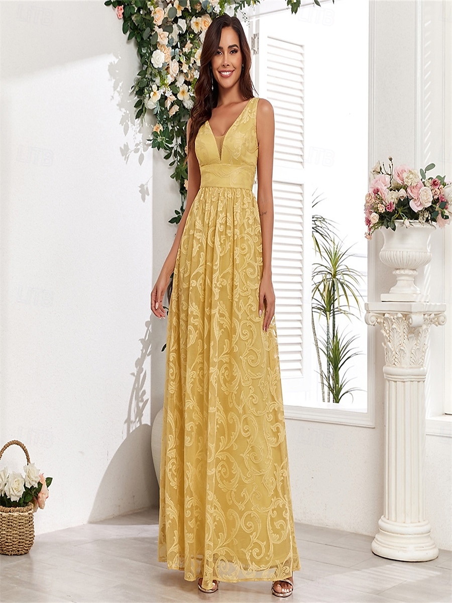 Abiti A-Line per Quinceanera abito elegante matrimonio invitata a matrimonio lunghezza fino al pavimento senza maniche scollo a V in pizzo con pieghe del 2025 a $99.99 –P6
