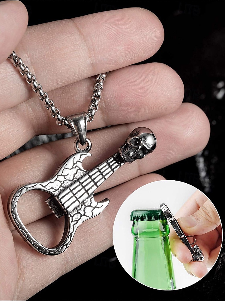 Men's Punk Rock Guitar Necklace with Skull Pendant – Stainless Steel Bottle Opener Chain for Music Lovers, Party & Bar Accessories 2025 - $7.99 –P3