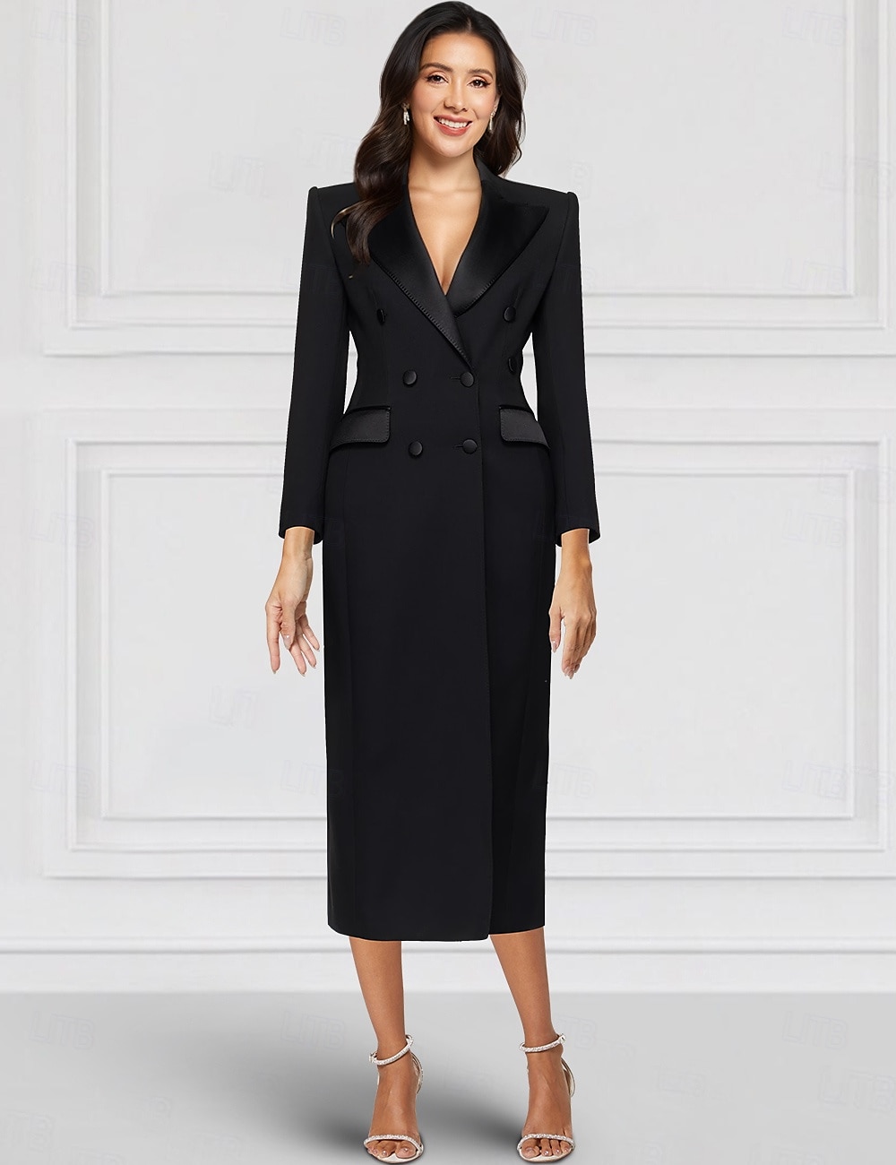 Blazer Smoking-Säule Gelb Blau Brautmutterkleid Elegantes Vintage Hemdkragen Knöchellang Stretchstoff Langarm mit einfarbigem Midi Kleid 2025 2025 - $139.99 –P5