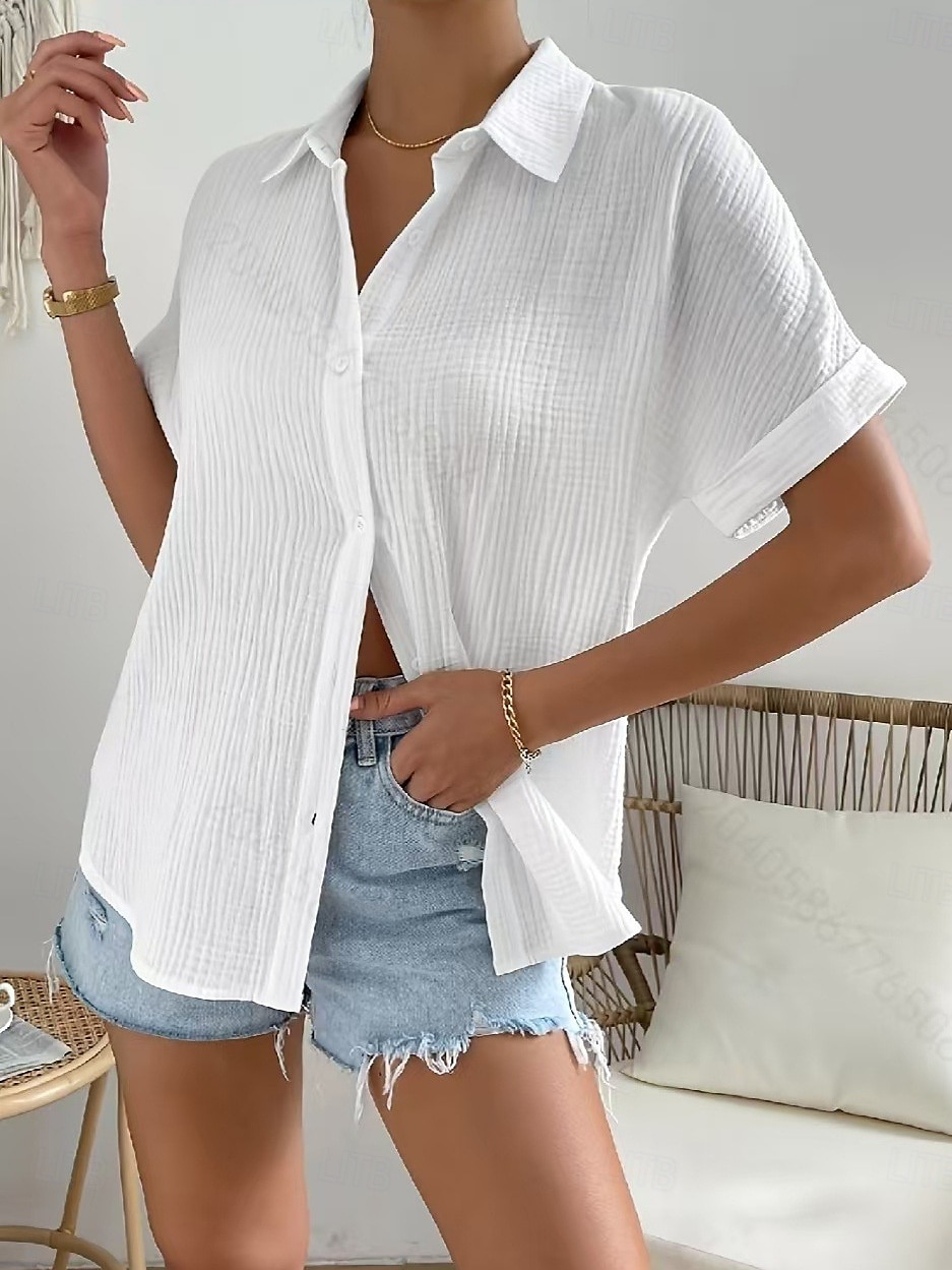 Frau Baumwolle Leinen Hemd Bluse Einfarbig Elegant Lässig Kurzarm Hemdkragen Regulär Oberteile Täglich Urlaub Knöpfe Weiß Sommer Frühling 2025 - $22.99 –P2