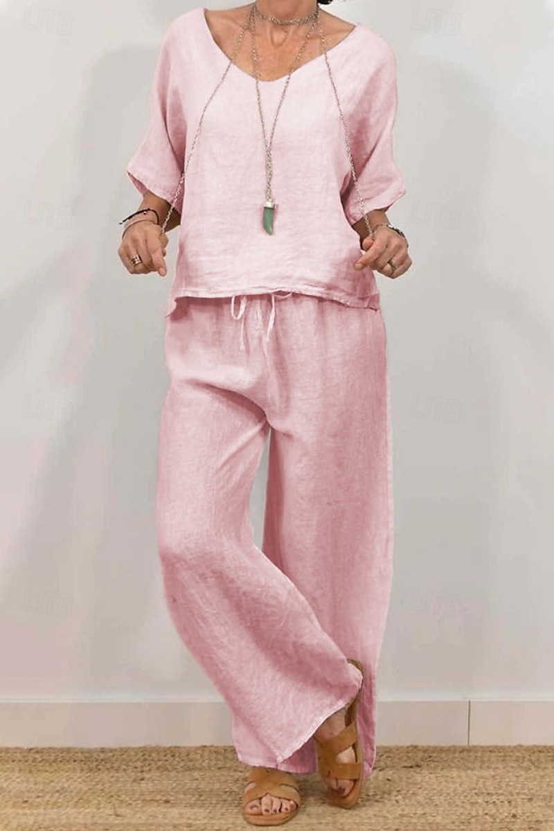 Dames Actief Basic Overhemd Linnen-geïnspireerde sets Tweedelige sets Halve mouw V-hals Effen Kleur Trekkoord Feestdagen Casual / Dagelijks Zwart Blozend Roze Groen Zomer Normale pasvorm 2025 - $24.99 –P4