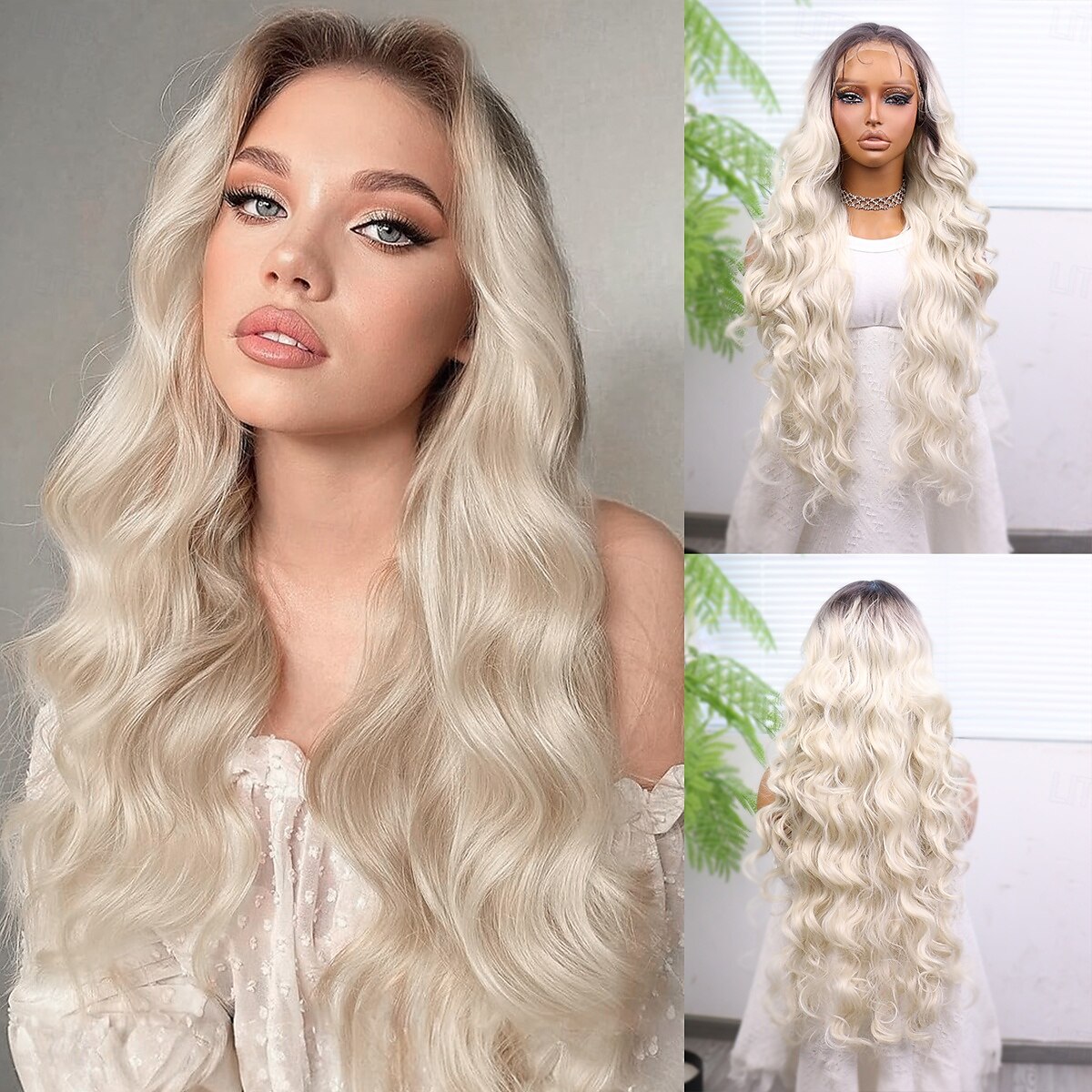 Perruque en dentelle synthétique Ondulation naturelle Style 30 pouce Brun avec des points forts dorés Raie au milieu dentelle frontale 13x4 Perruque Femmes Perruque Blanc crème de 2025 ? $62.99 –P1