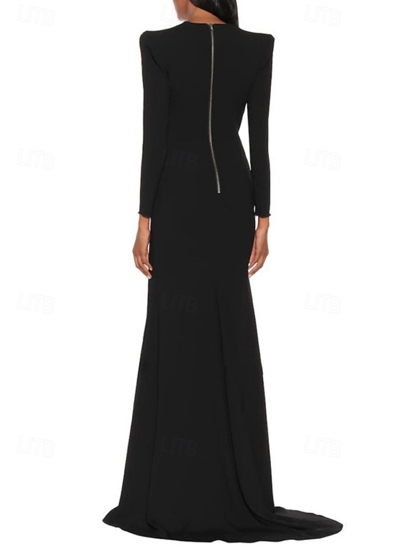 Robe de soirée en A robe élégante de mariage formelle traîne balayante/traîne courte à manches longues col en V en crêpe extensible avec plis fente de 2025 ? $158.99 –P4